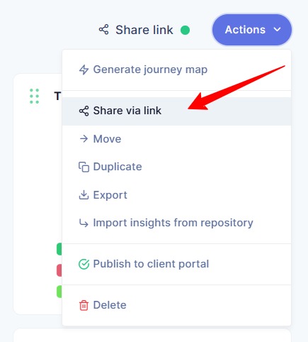 Share via link button in the action dropdown menu