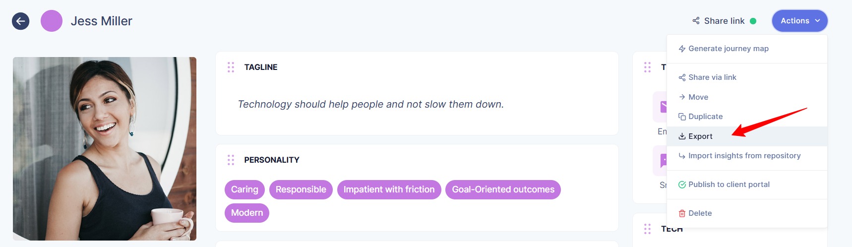 Export button to download the persona