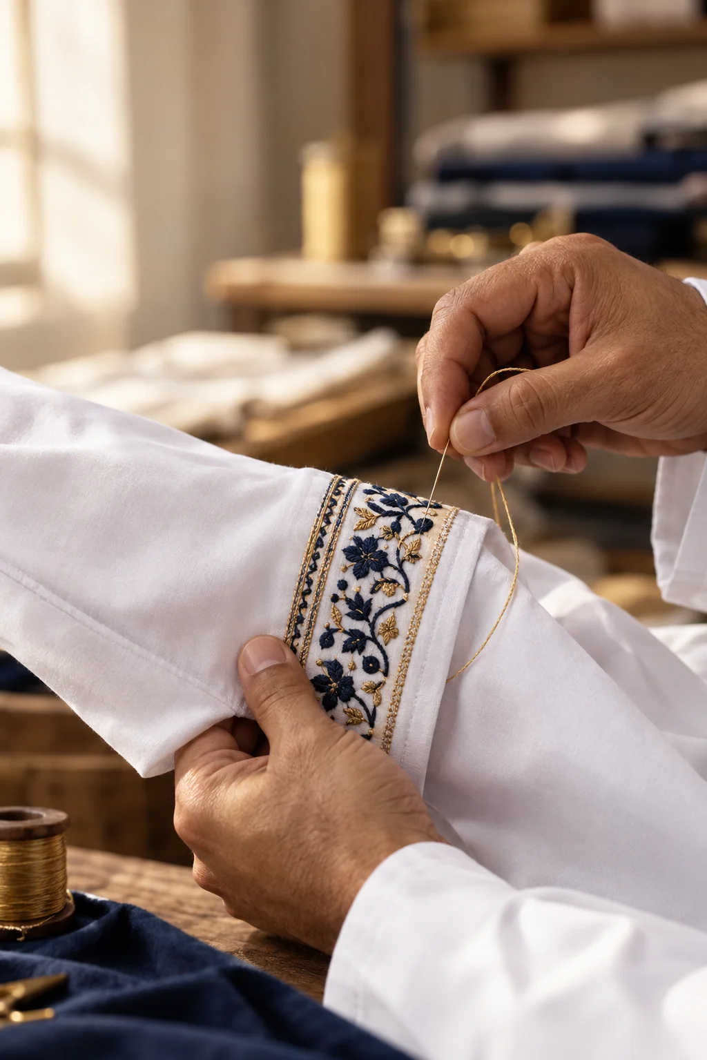 تفصيل تطريز ذهبي على قماش أبيض
