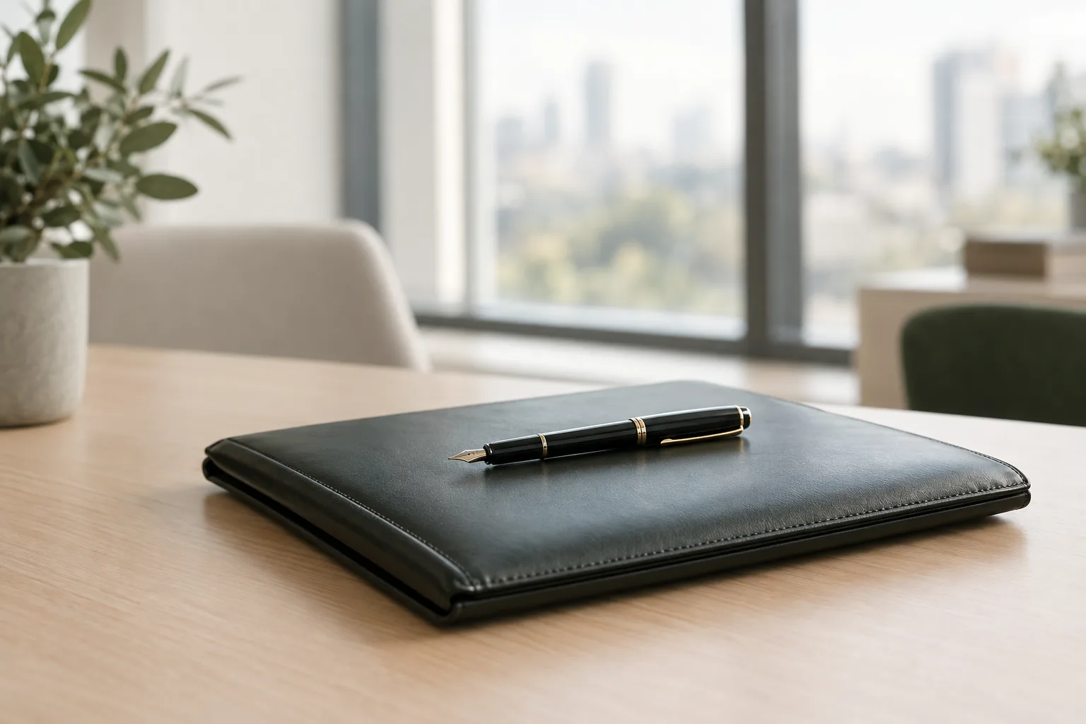 A leather folder and a pen on a pale wooden table
