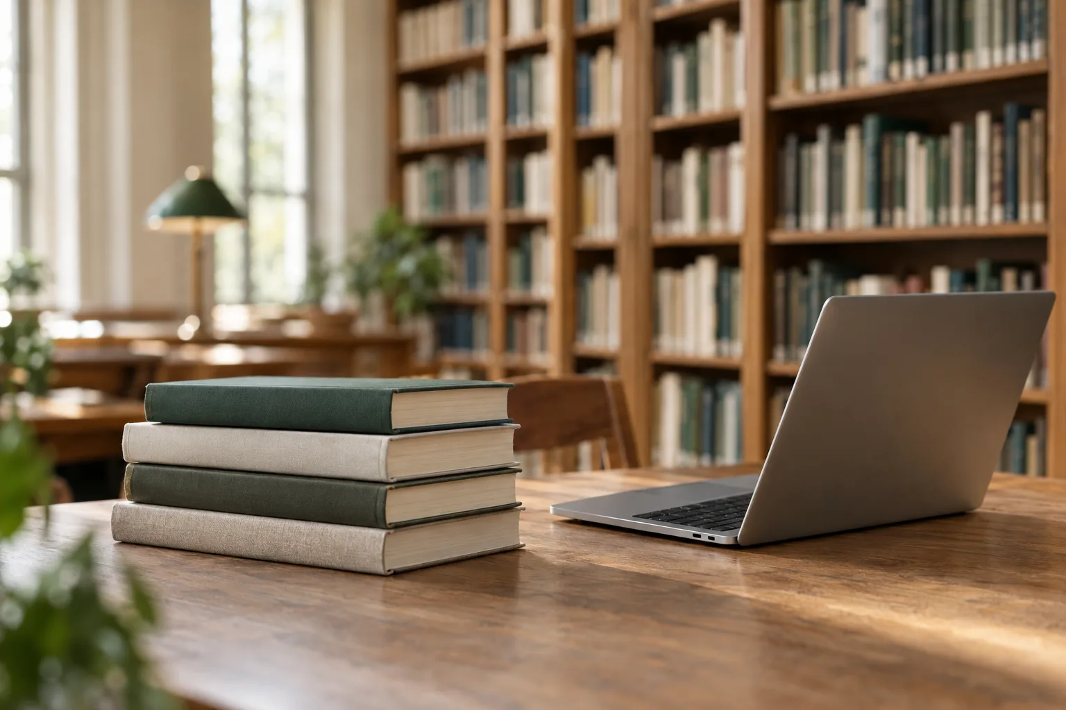 A stack of books beside a laptop in a library