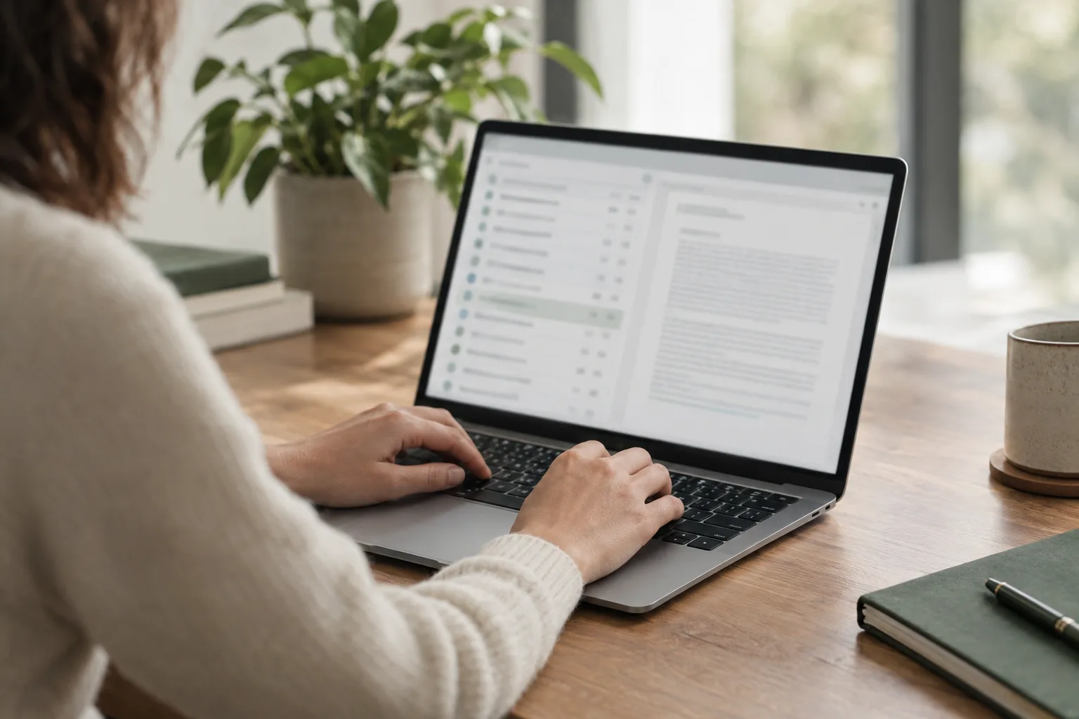 Hands typing on a laptop showing a document review screen