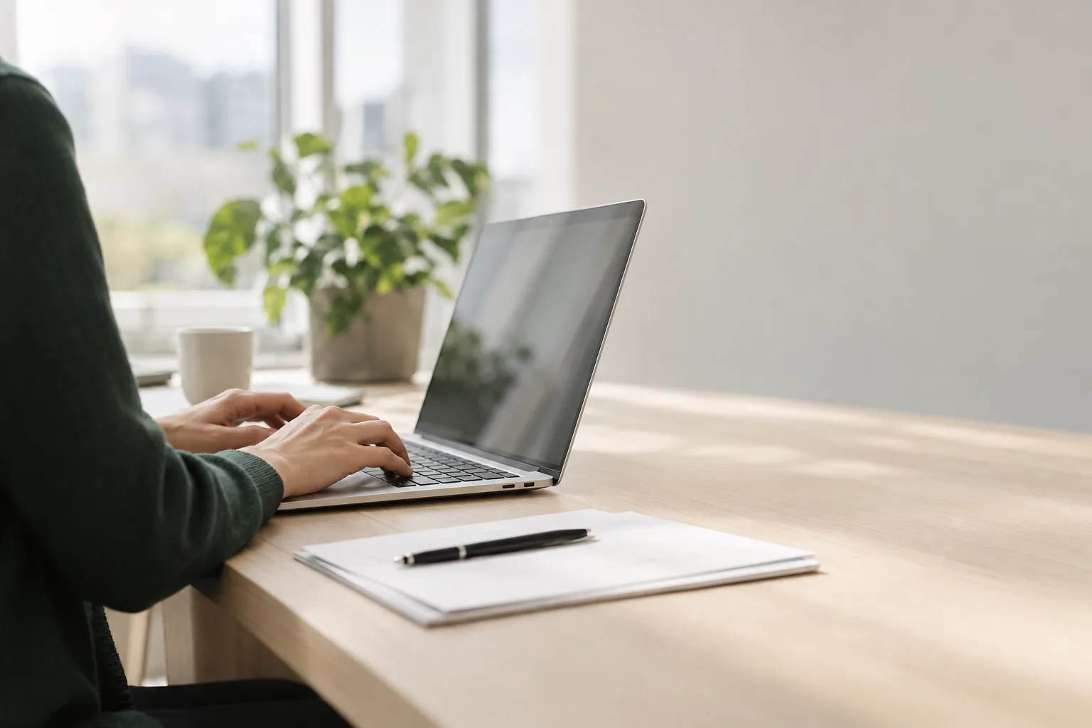 A person typing on a laptop at a bright office desk