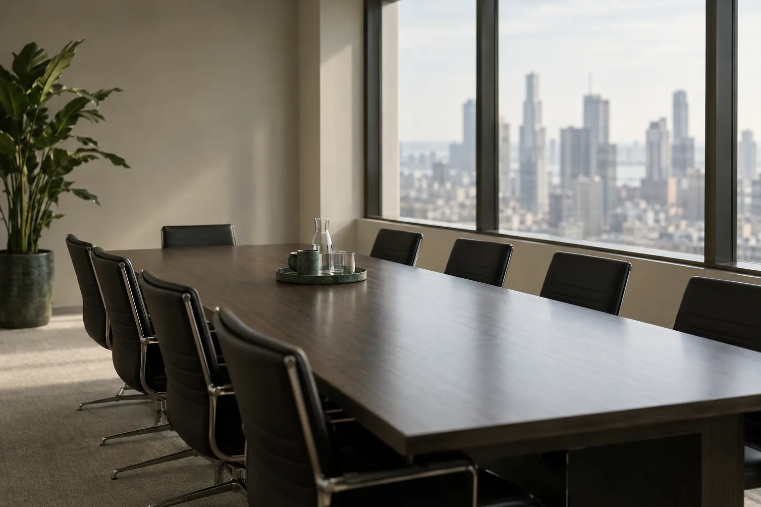 An empty meeting room with a long table and city windows