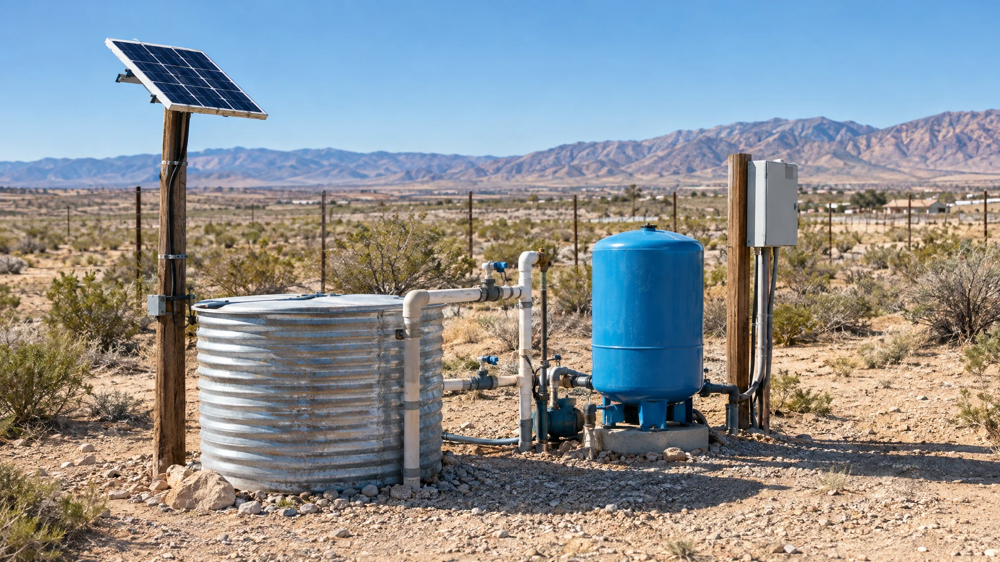 A rural desert water system with a solar panel, storage tank and pressure tank