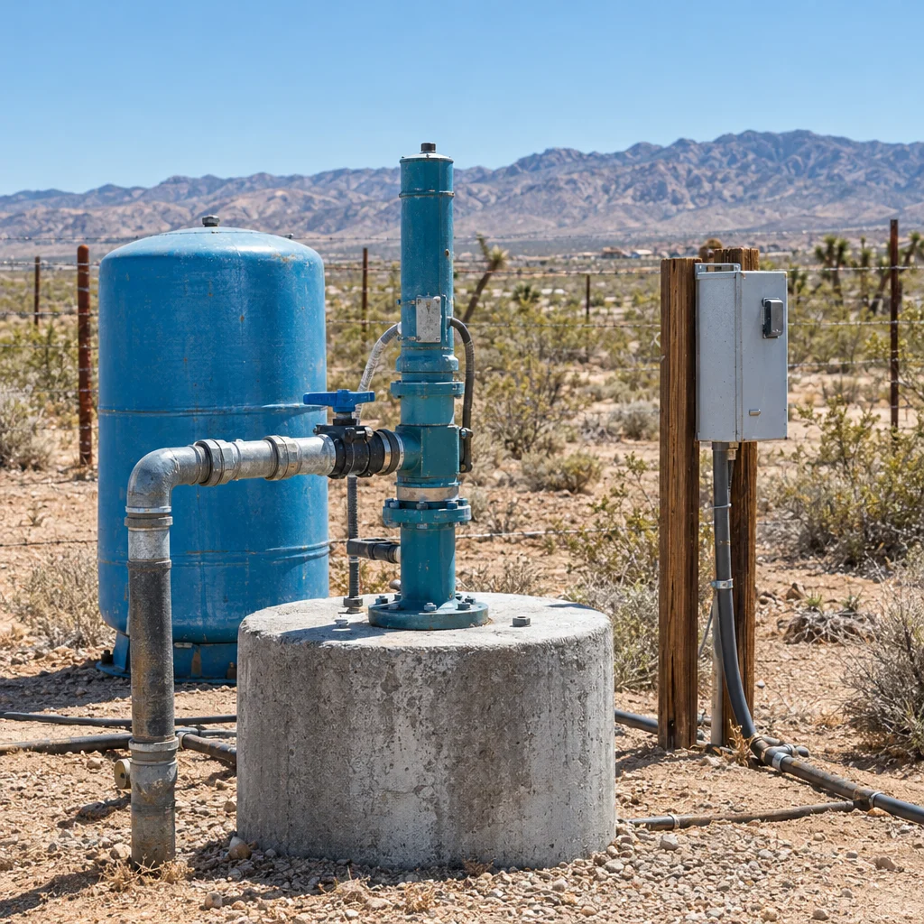 Well pump hardware on a concrete well pad in the desert