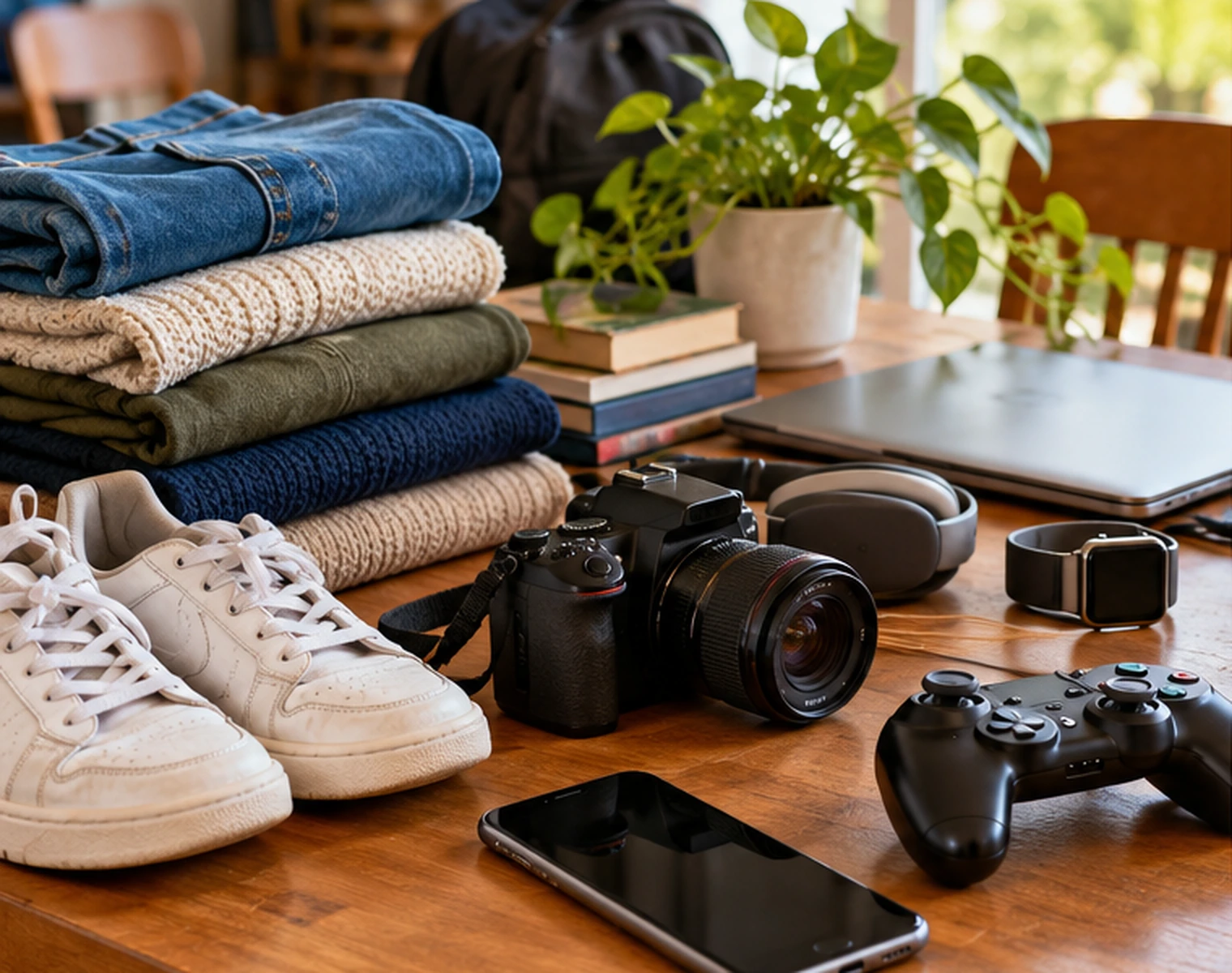 Una mesa de casa con un celular, una cámara, un mando de videojuegos y ropa en buen estado. Luz natural, sin exceso de objetos ni apariencia de catálogo.
