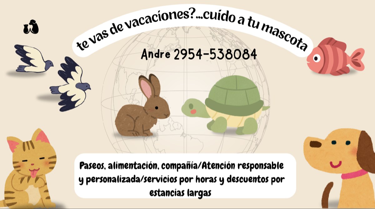 Cuidado de mascotas en guardería o domicilio x hs/día/semana/mes