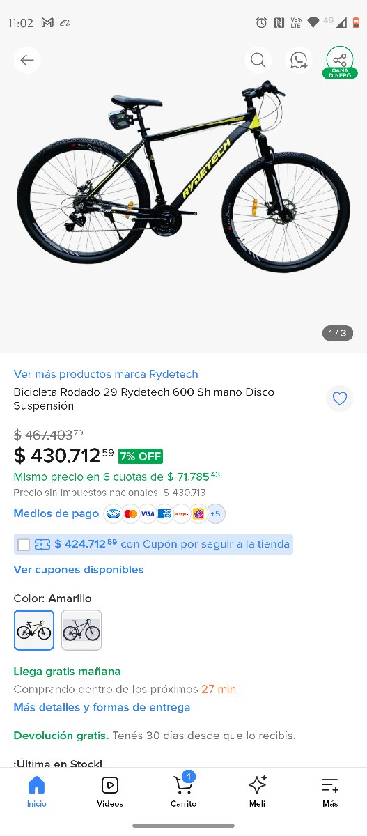 Bicicleta Rodado 29 Rydetech 600 Shimano Disco Suspensión