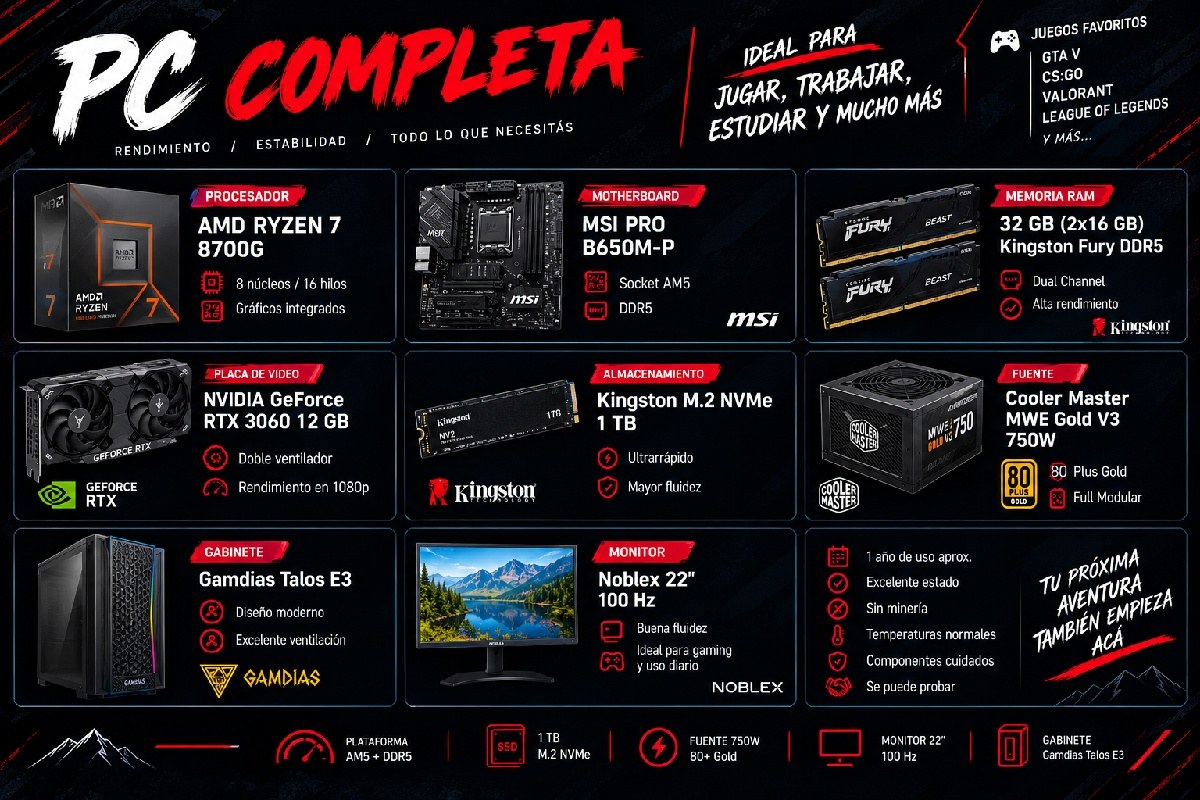 🖥️🔥 PC GAMER COMPLETA – RYZEN 7 + RTX 3060 12GB + 32GB DDR5 + MONITOR 1