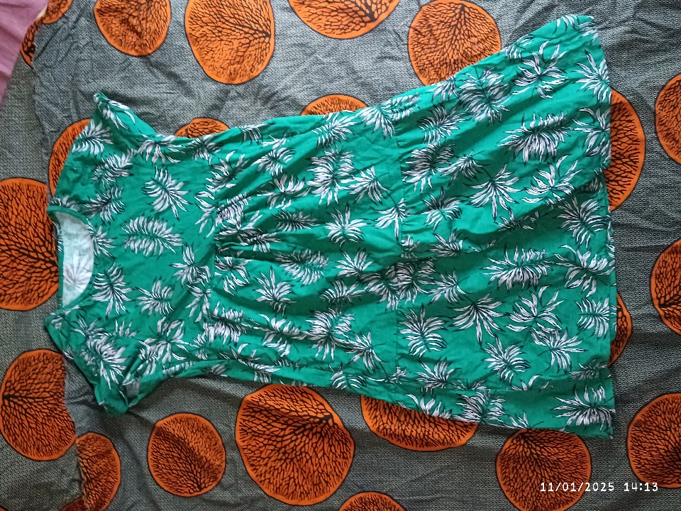 Green Dress with White and Black Leaves