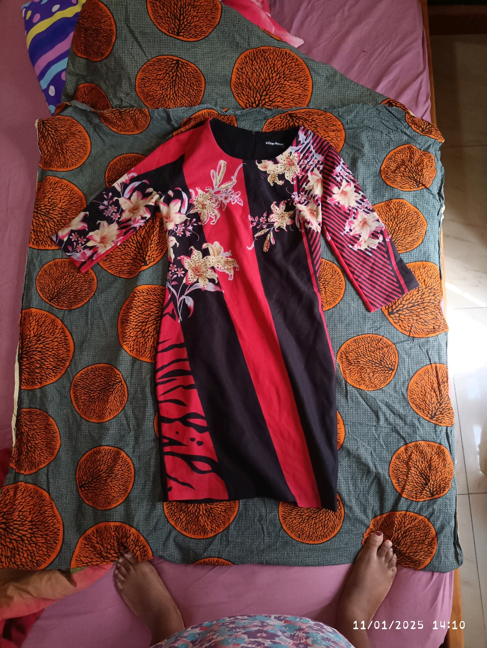 Red and Black Dress with Flowers and Stripes