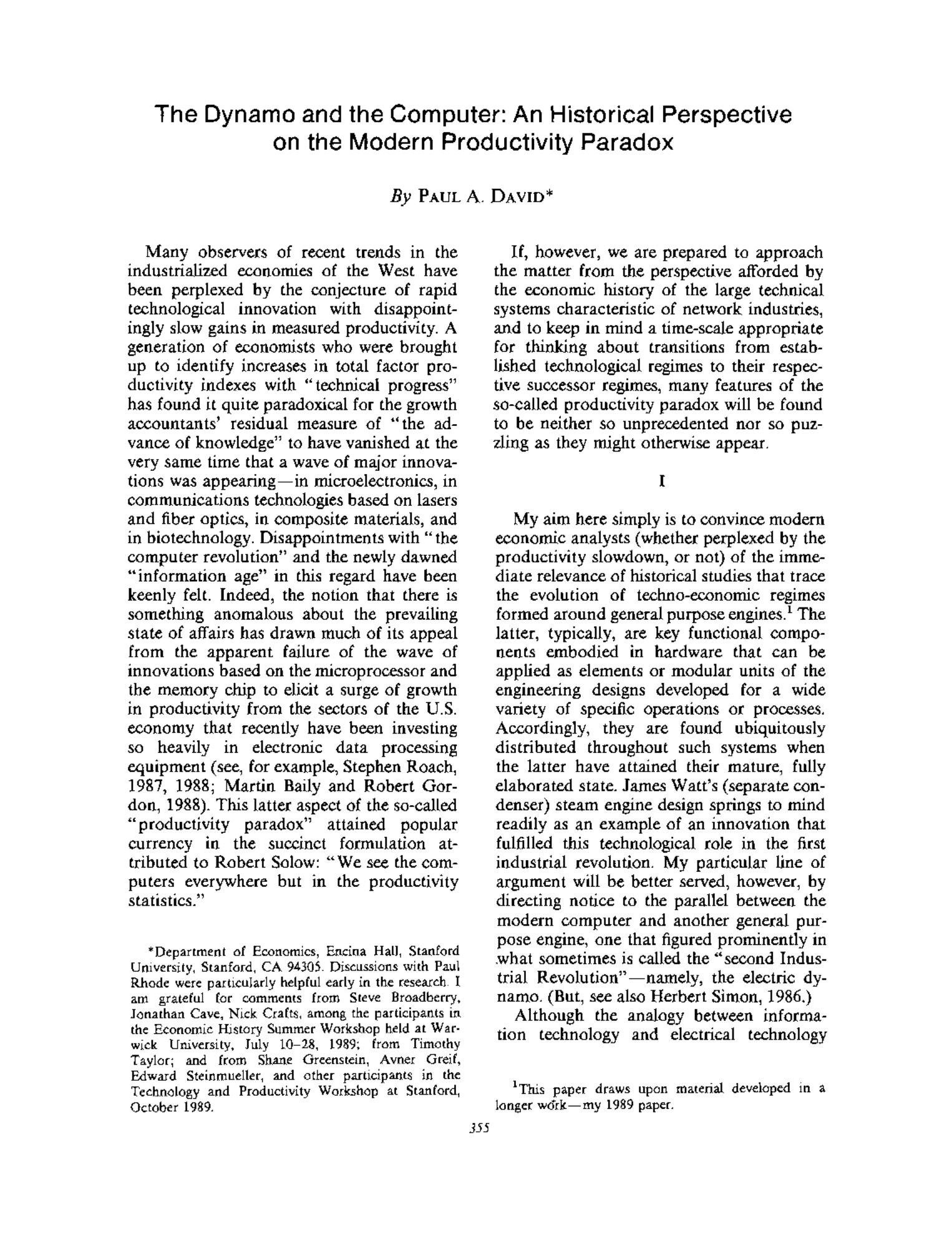 Pages of Paul A. David, "The Dynamo and the Computer: An Historical Perspective on the Modern Productivity Paradox," American Economic Review, 1990
