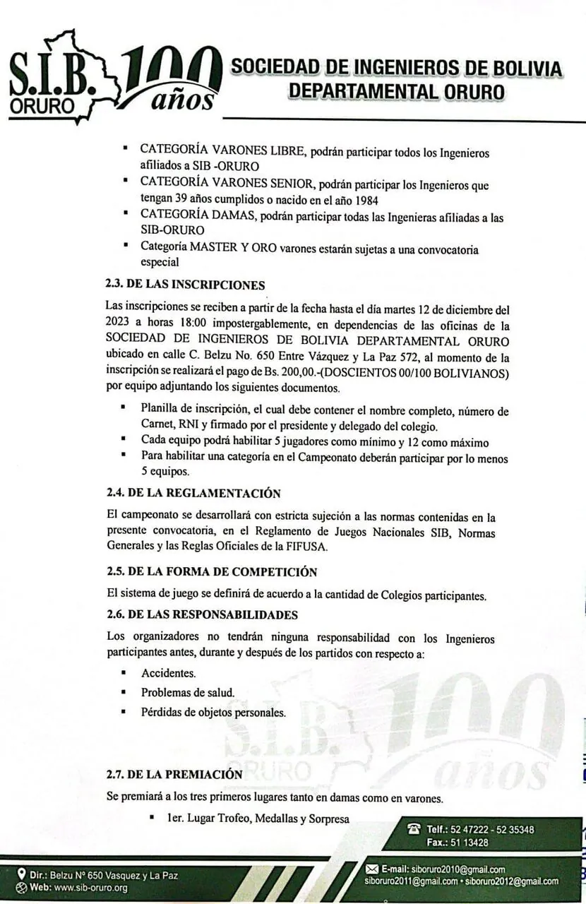 Convocatoria Campeonato Intercolegios SIB - Oruro