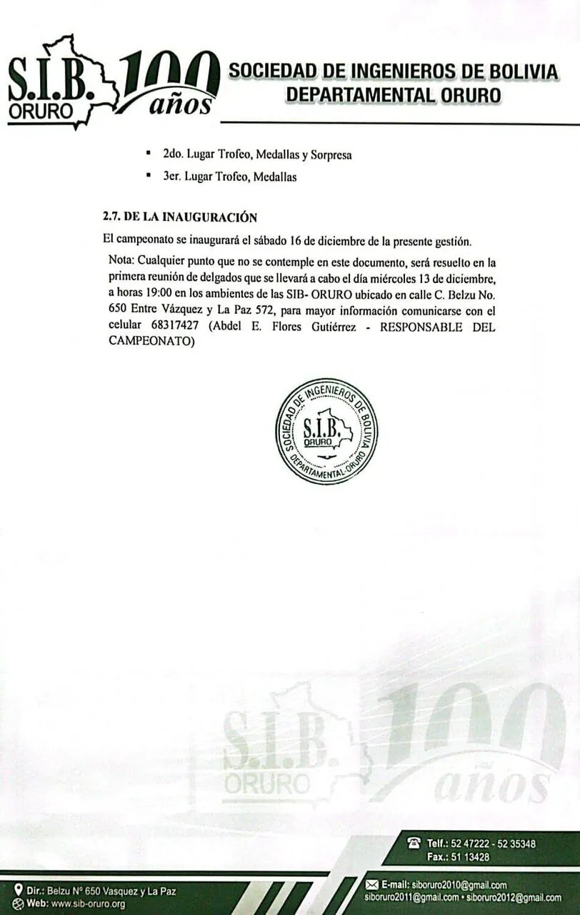 Convocatoria Campeonato Intercolegios SIB - Oruro