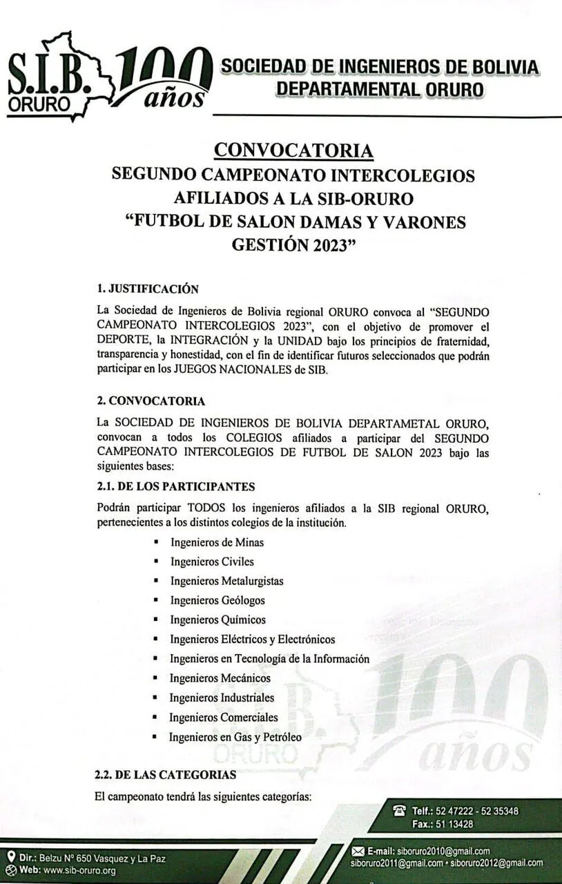 Convocatoria Campeonato Intercolegios SIB - Oruro