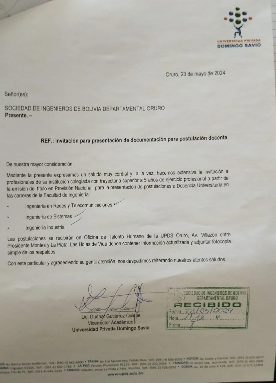 Convocatoria Docentes UPDS - Oruro