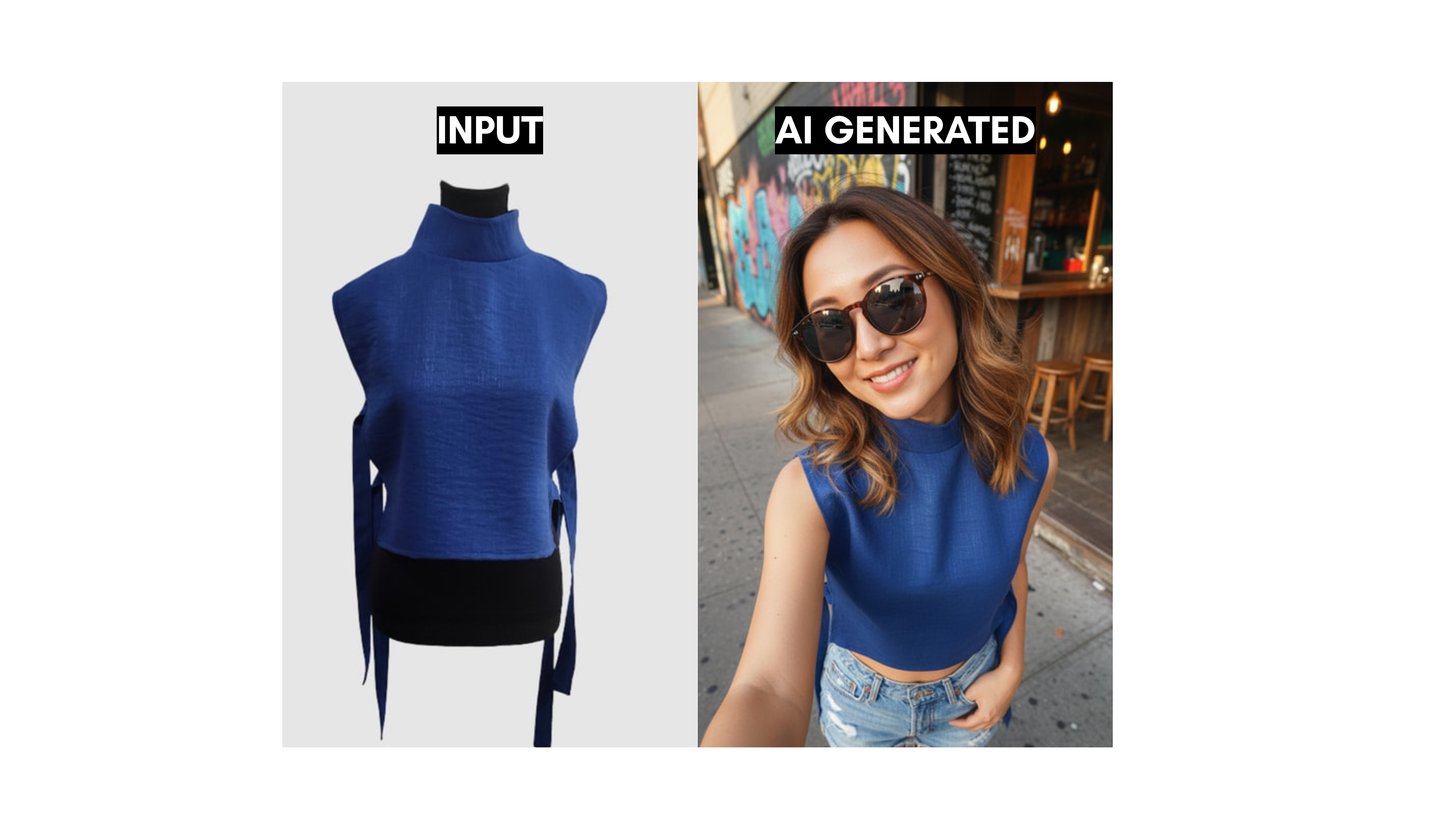Flat lay clothing image transformed into a realistic AI-powered on-model lifestyle fashion photo using SnapMyDesign AI photoshoot.