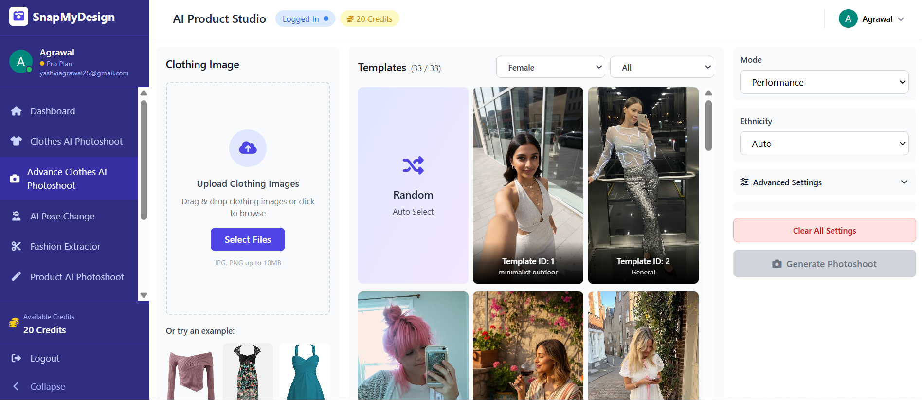 SnapMyDesign AI-powered advanced fashion photoshoot dashboard showing clothing upload, model templates, pose selection, and photoshoot generation for fashion brands.
