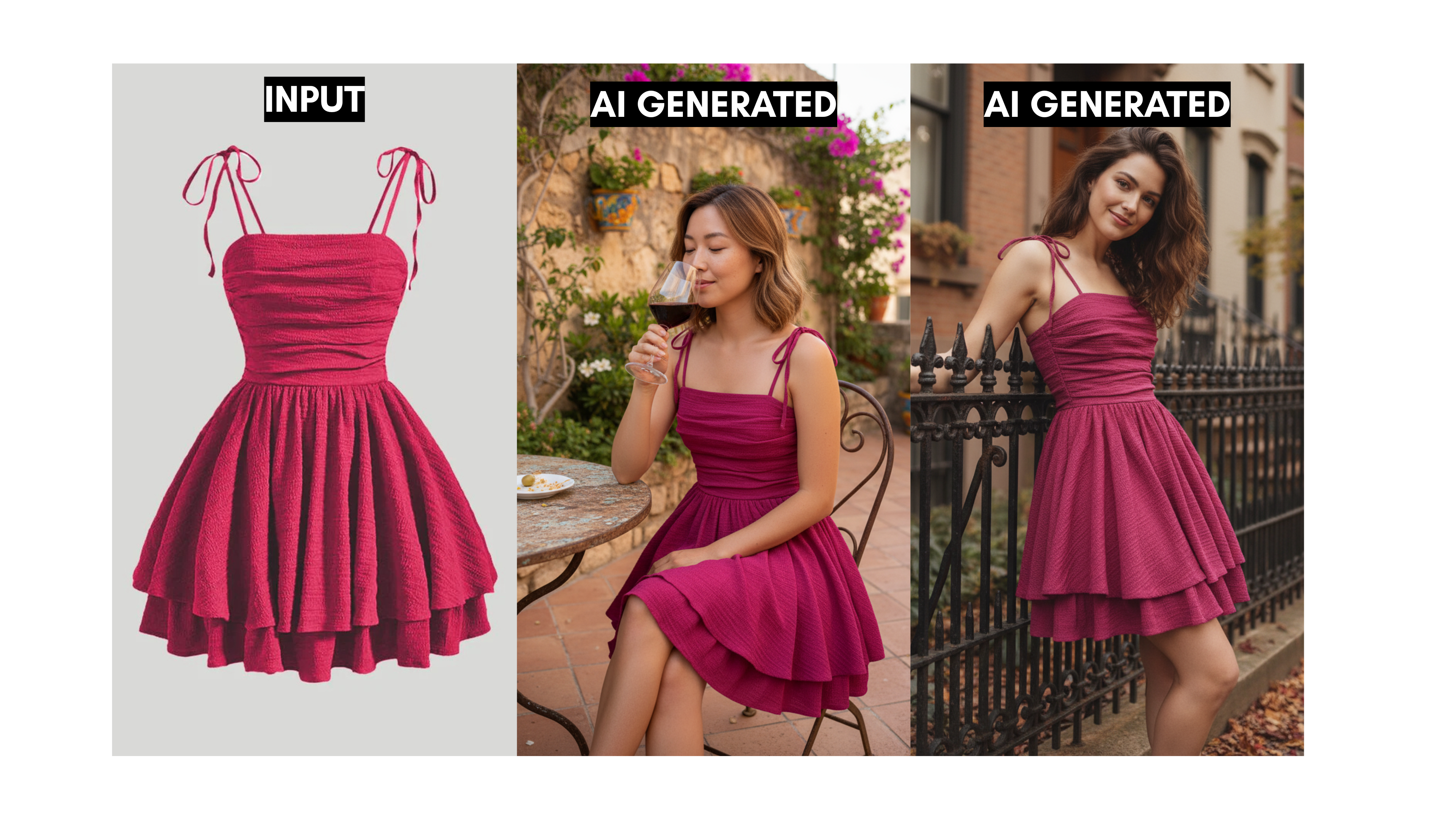Example of generating multiple AI-powered on-model fashion photos from a single flat lay product image for e-commerce catalogs.