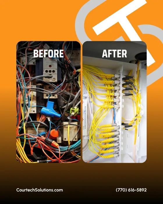 Courtech Solutions social graphic: before-and-after cable management in a cabinet—from tangled wiring to organized fiber panels—with CourtechSolutions.com and (770) 616-5892.