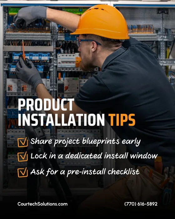 Courtech Solutions social graphic: electrician in an orange hard hat working on a control panel with product installation tips and contact CourtechSolutions.com (770) 616-5892.