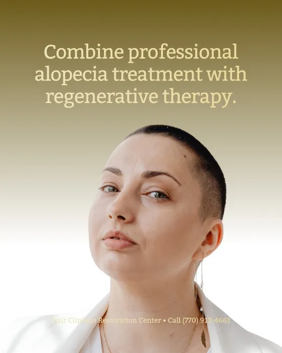 Hair Clinique Restoration Center social graphic: combining professional alopecia treatment with regenerative therapy, with contact (770) 912-4661.