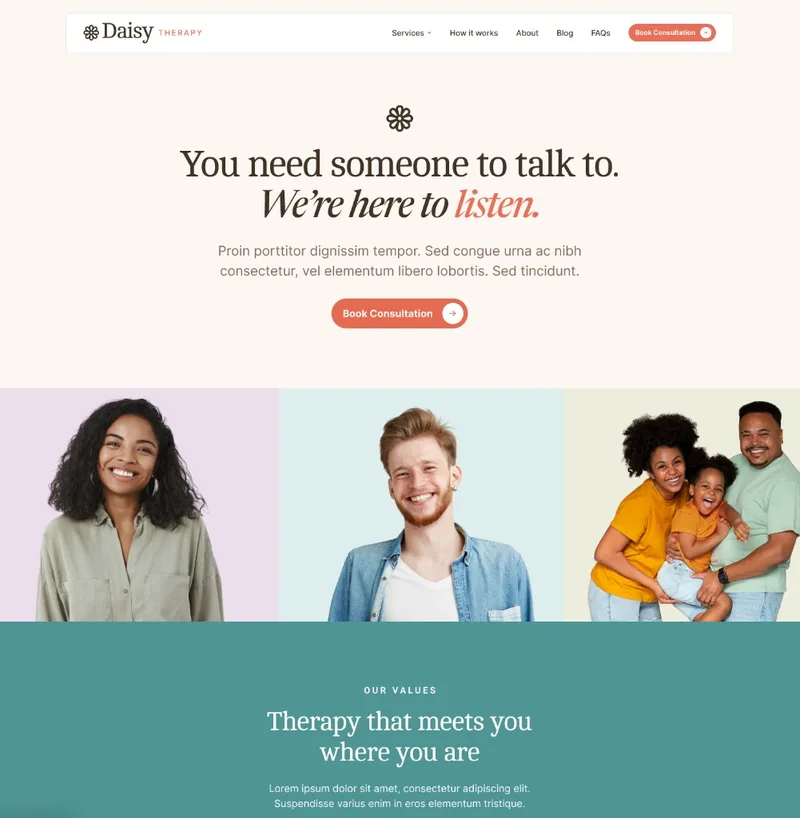 Example therapy practice website design: hero, imagery, and values section