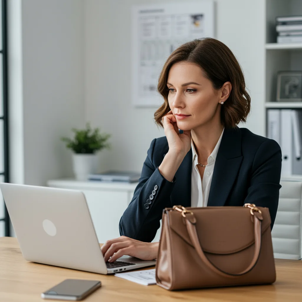 Virtual shoot example: woman at a laptop with a shoulder bag on the desk in a bright modern office
