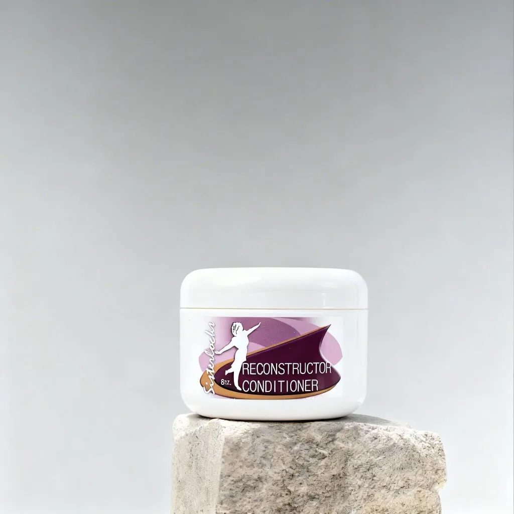 Virtual shoot example: Sisterlocks Reconstructor Conditioner product on a stone pedestal with a neutral studio background
