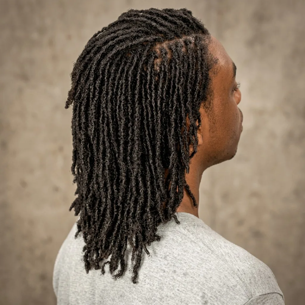 Virtual shoot example: editorial portrait from the side with long textured locs against a neutral wall