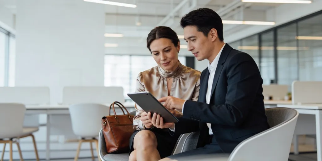 Virtual shoot example: two professionals collaborating over a tablet in a bright modern office