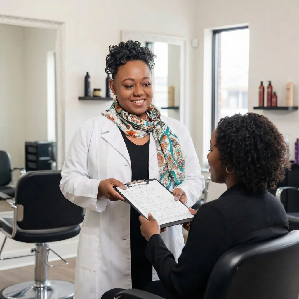 Virtual shoot example: stylist in a lab coat consulting with a client in a bright salon