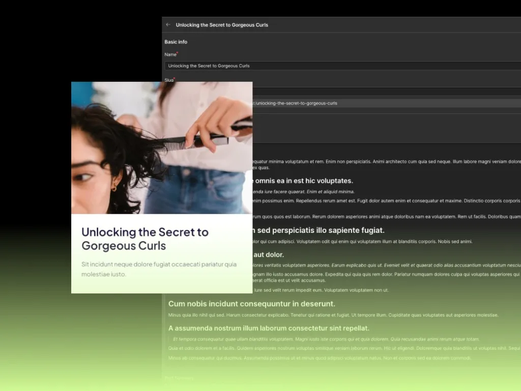 Webflow CMS editor with blog post fields and live preview card