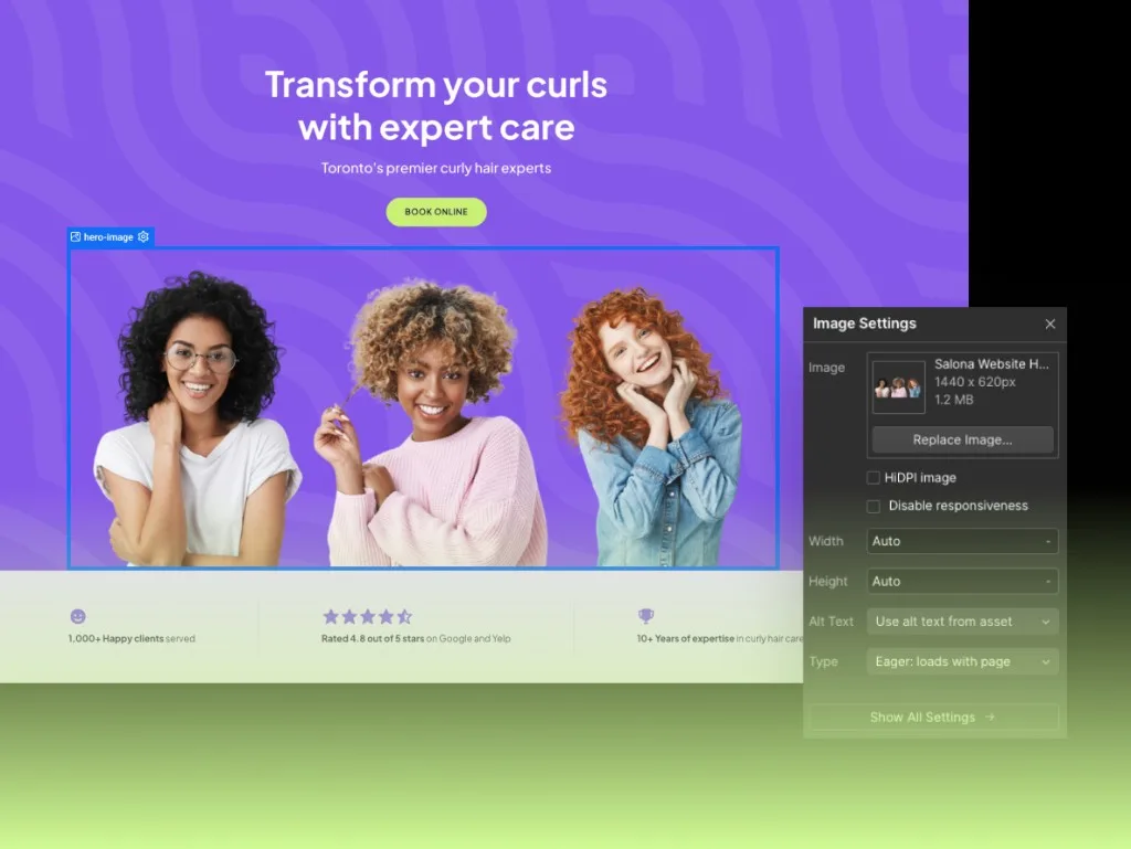 Webflow Image Settings panel with Replace Image and hero image selected