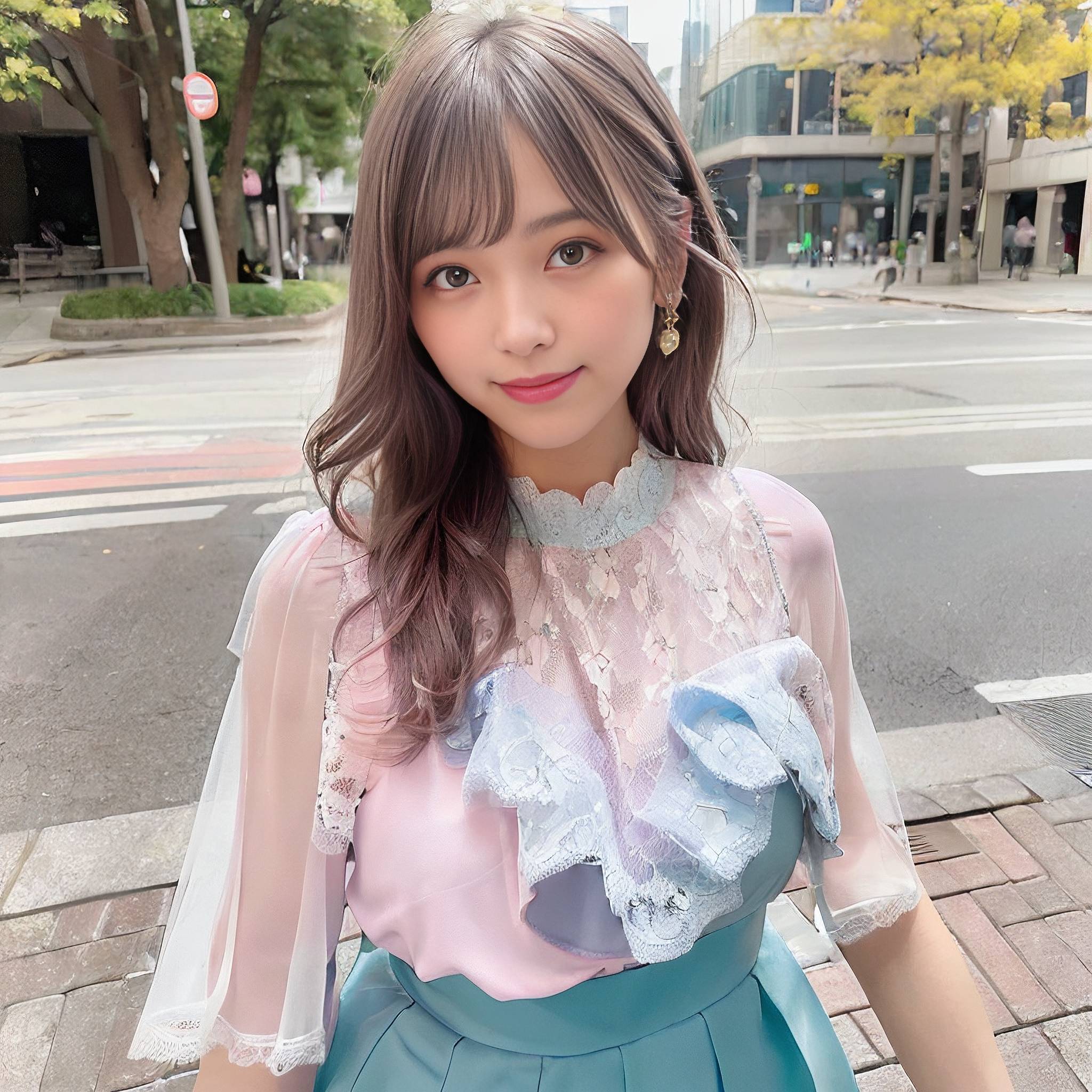 a young girl in a pink dress standing on a sidewalk 