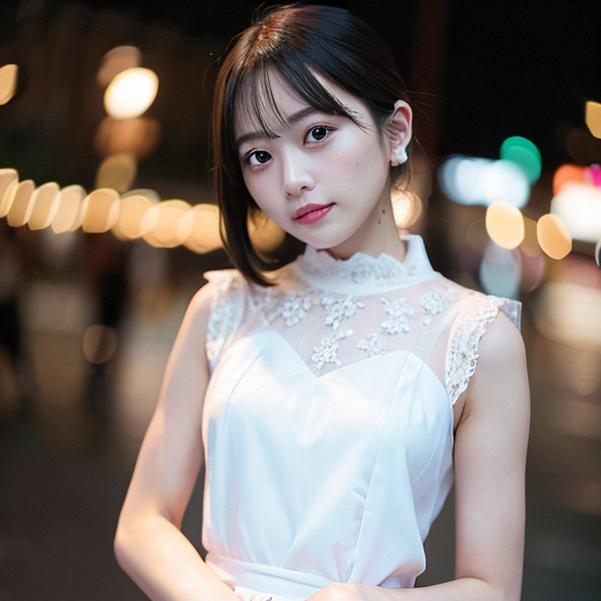 a woman in a white dress standing in front of a building 