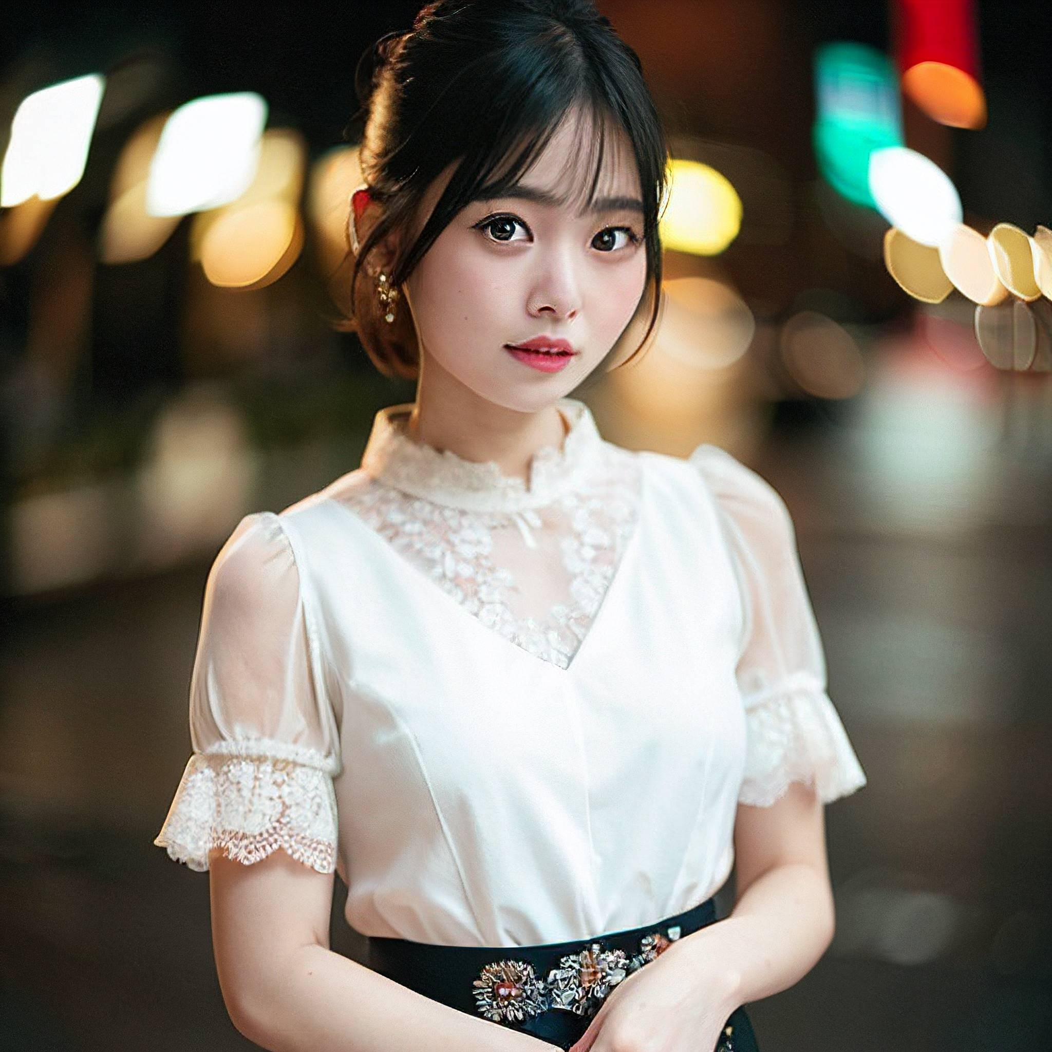 a woman in a white dress is standing in the street 