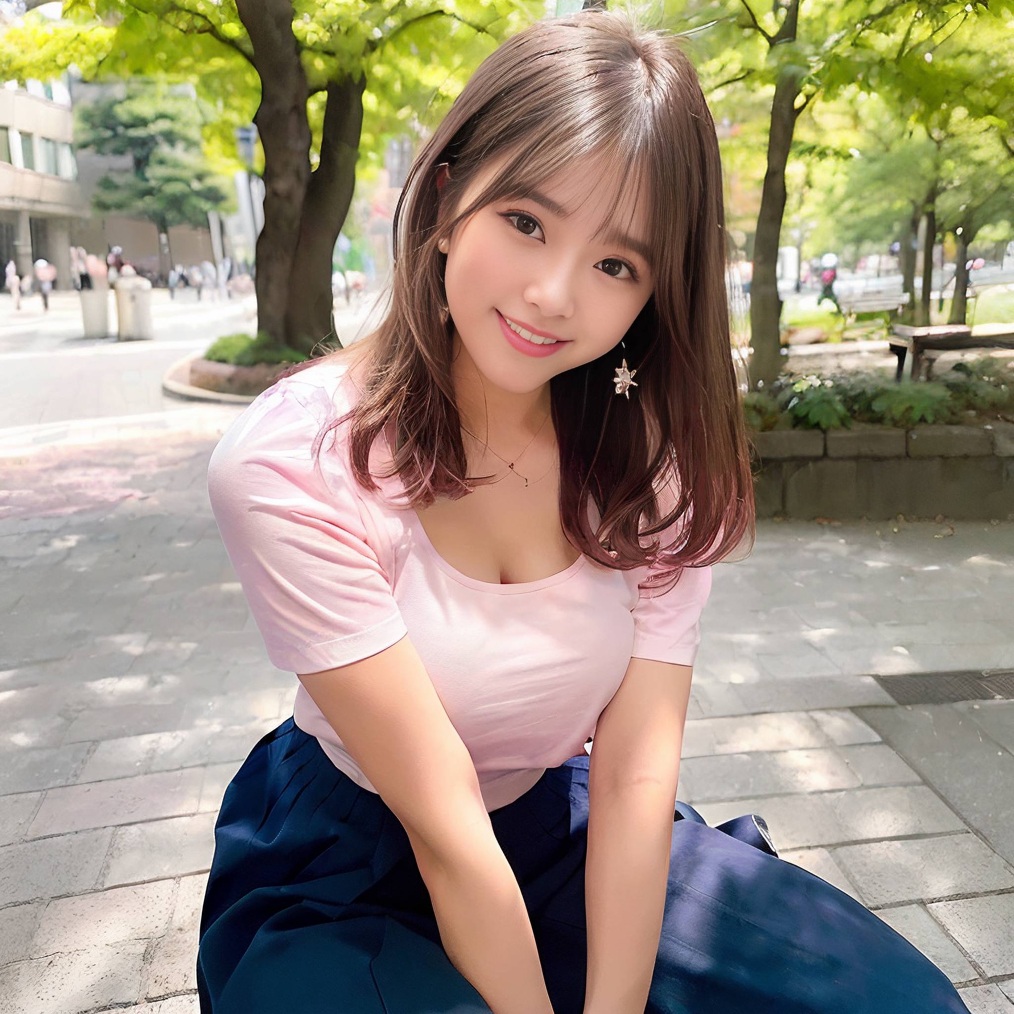 a woman sitting on the ground with a suitcase 