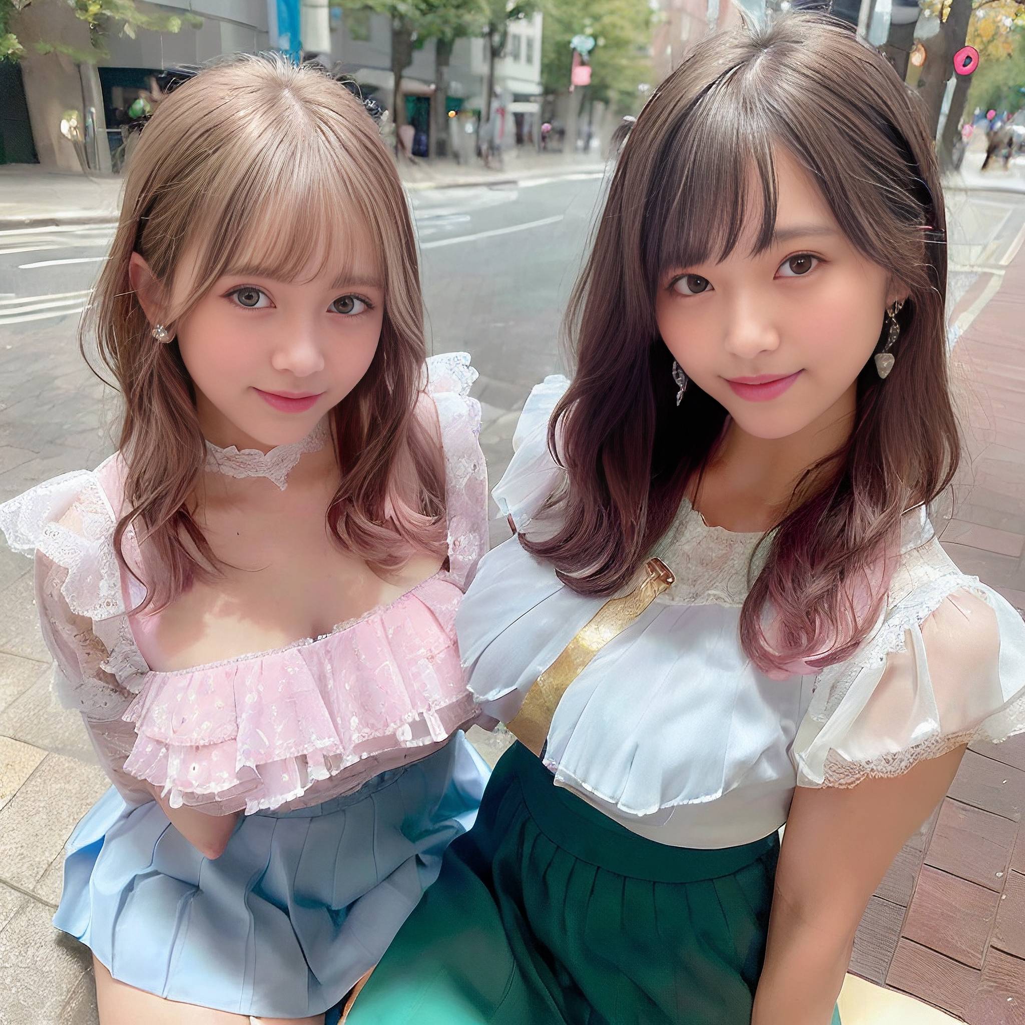 two young girls posing for a picture on a city street 