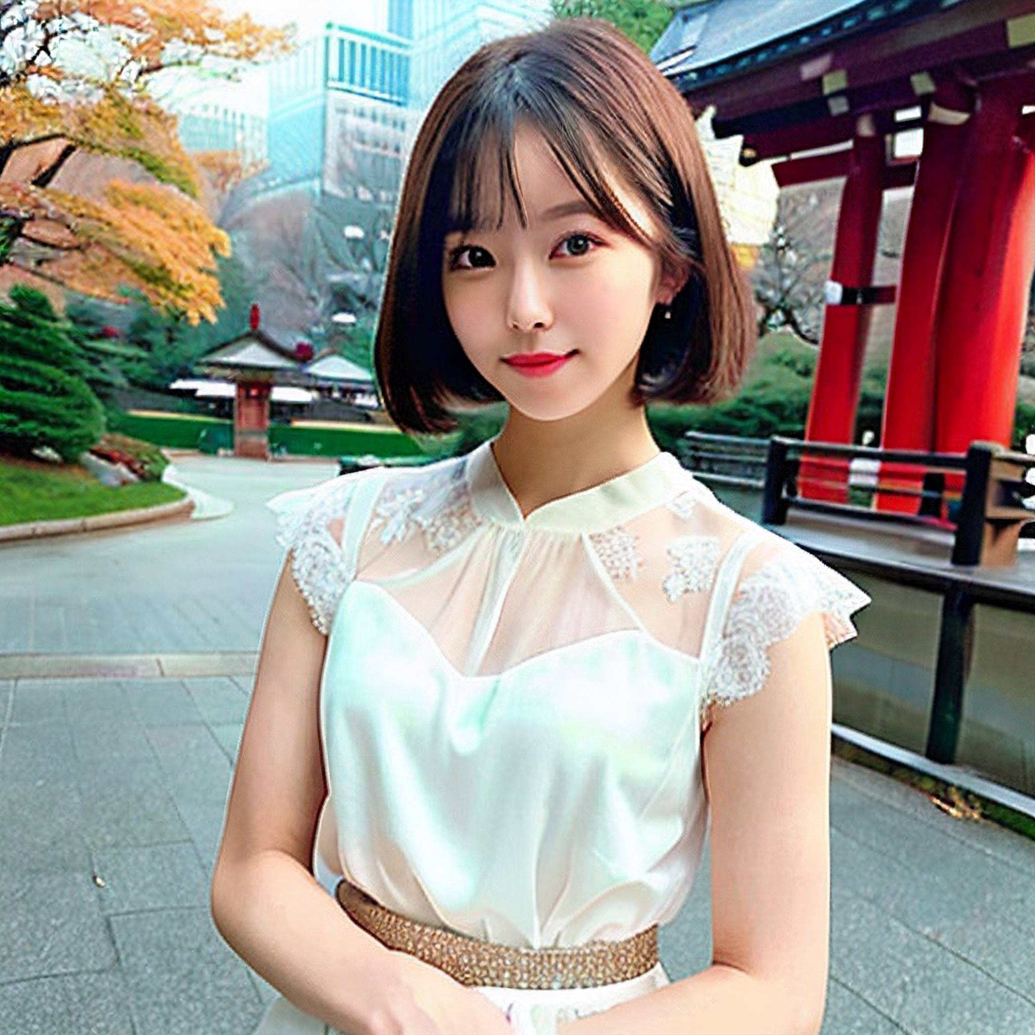 a beautiful young woman standing in front of a tall building 