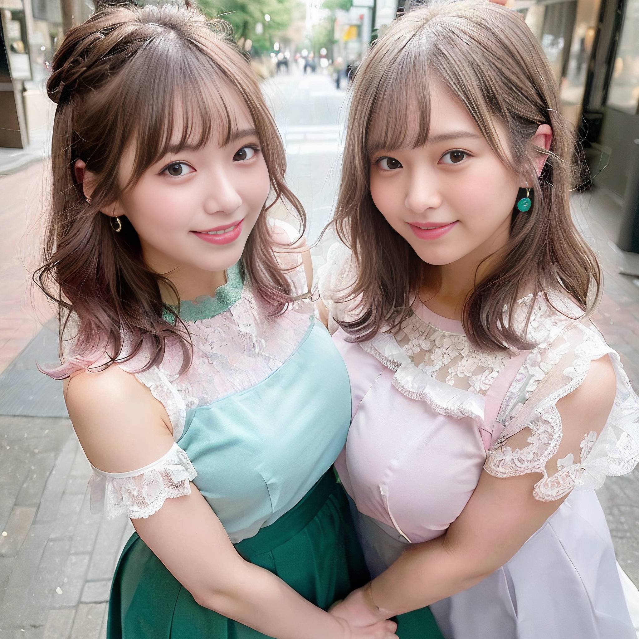 two young girls posing for a picture in front of a building 