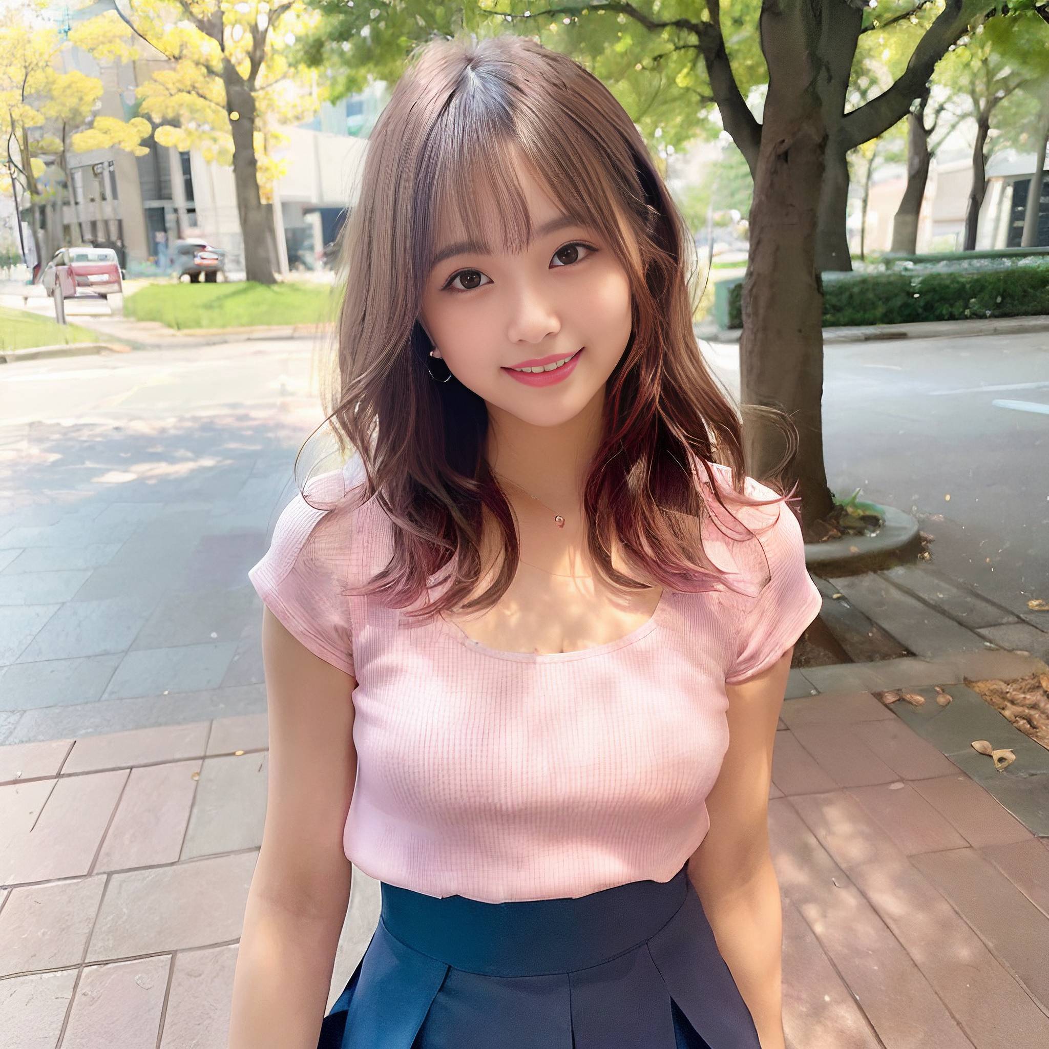 a young girl posing for a picture in front of a tree 