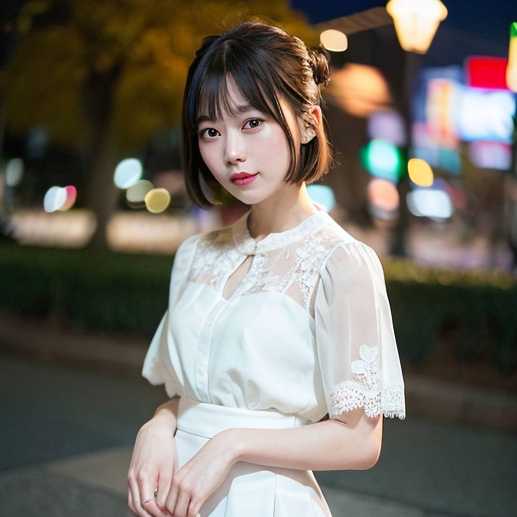 a woman in a white dress standing on a sidewalk 