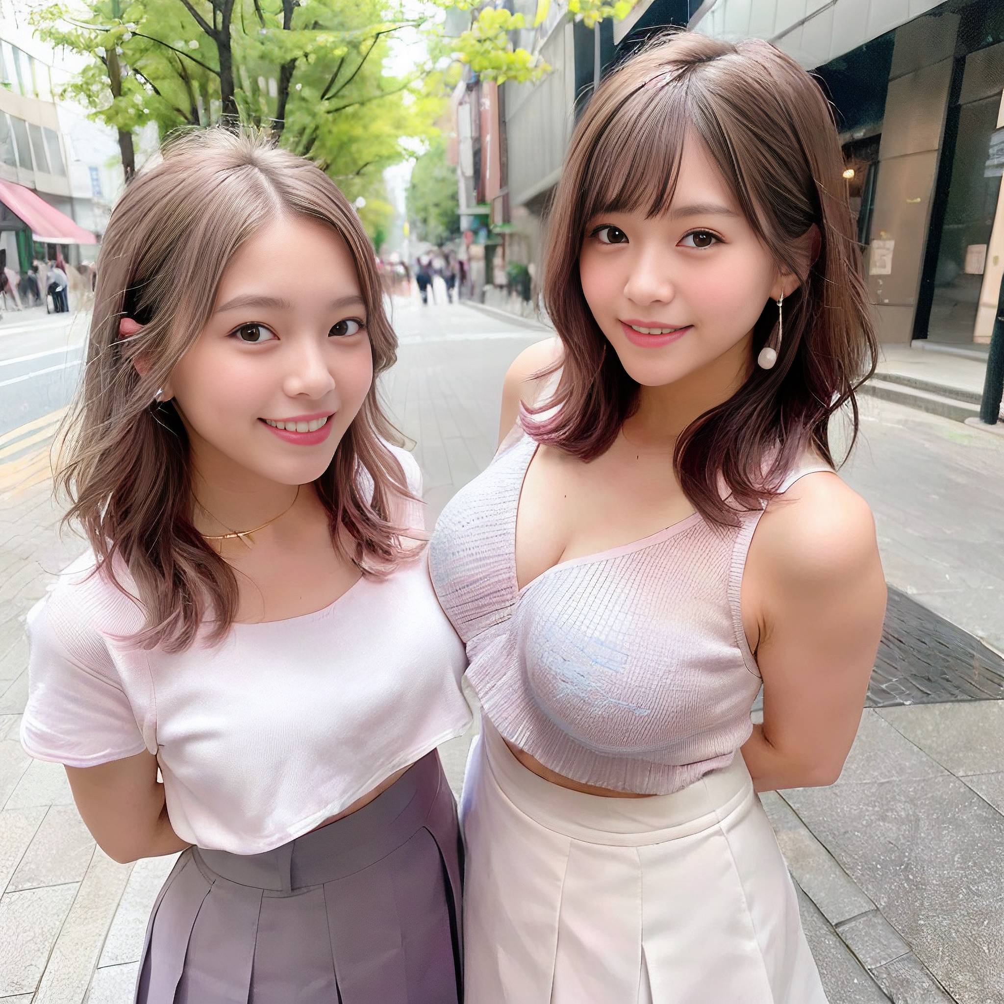 two young women posing for a picture in front of a building 
