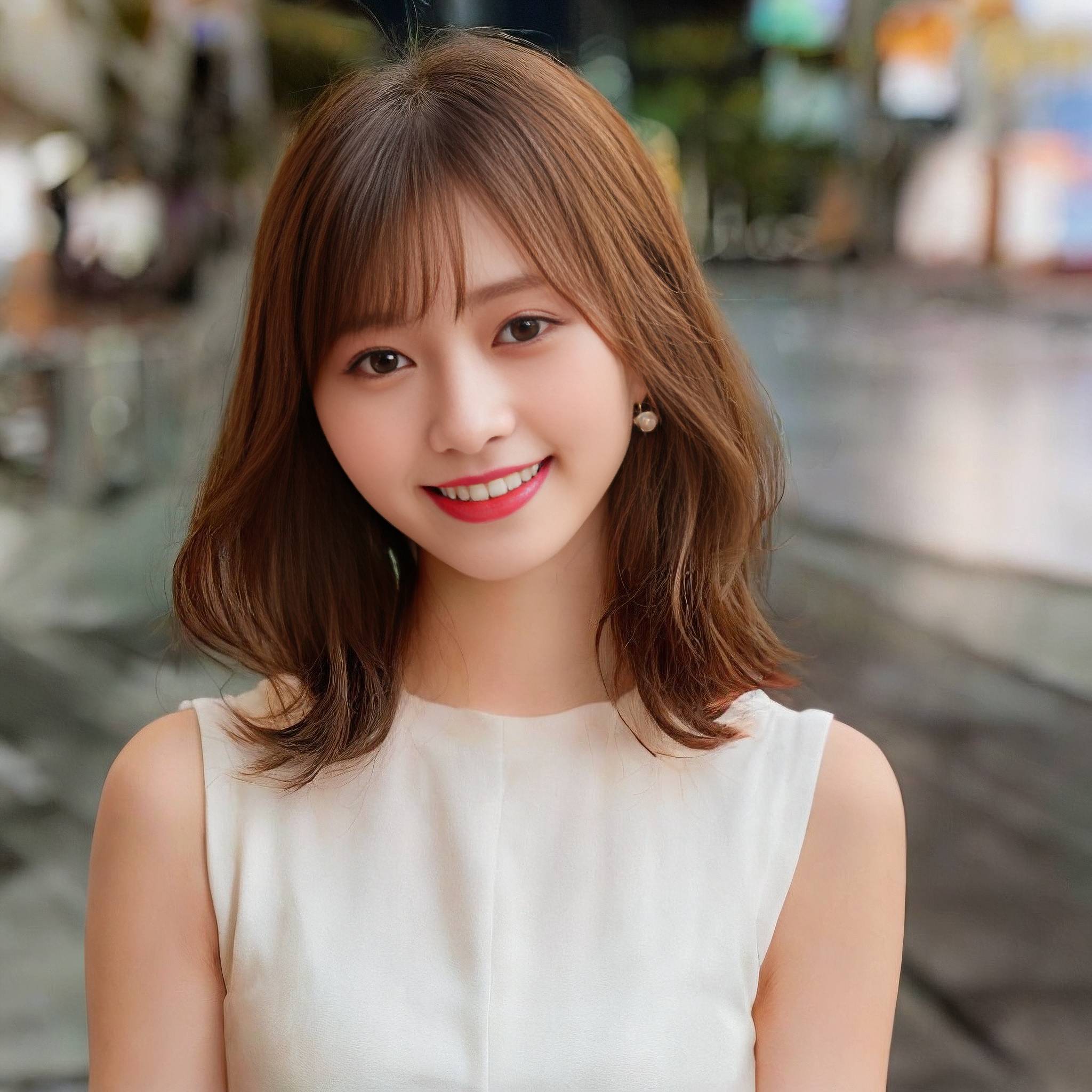 a woman in a white dress smiling at the camera 
