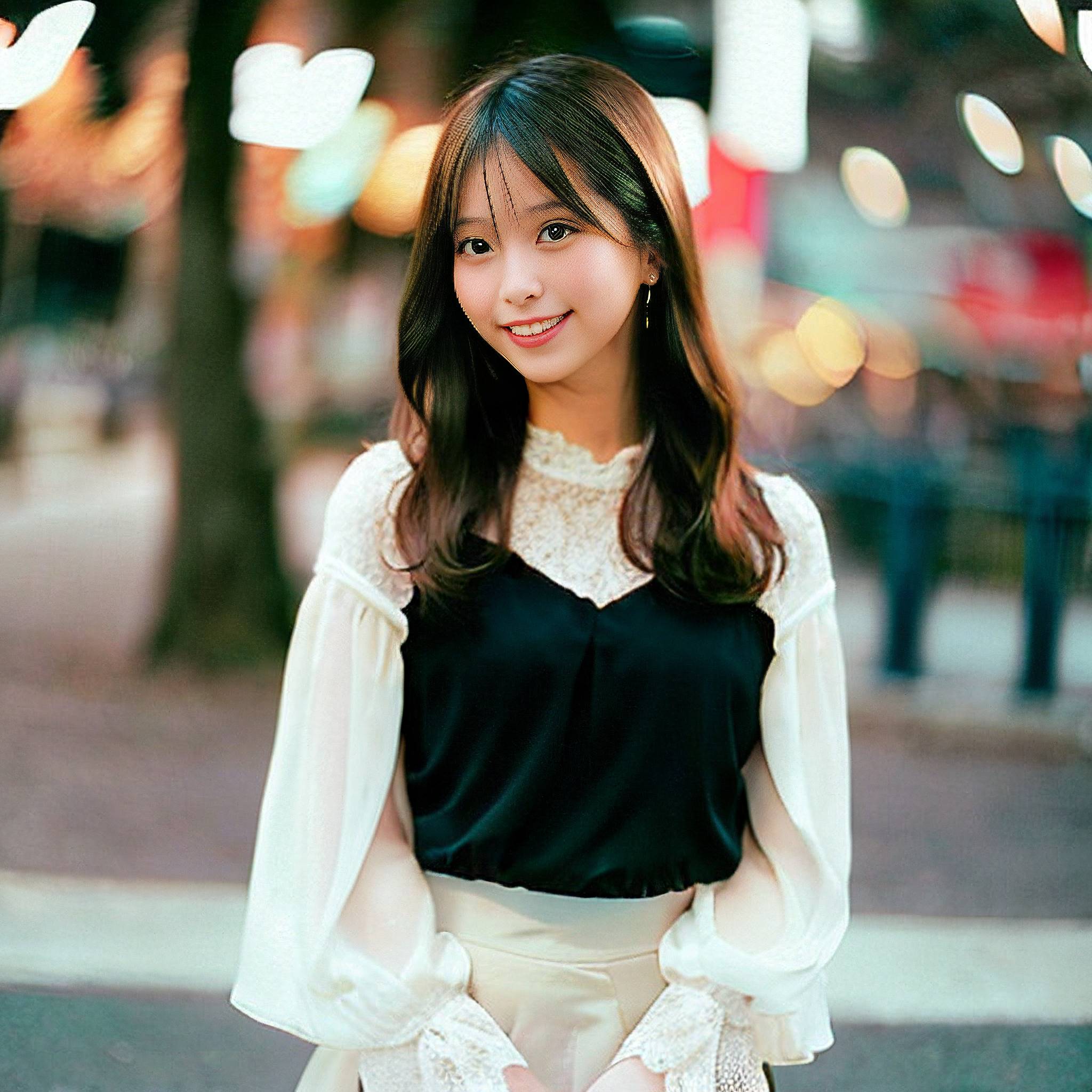 a beautiful young woman standing in the middle of a street 