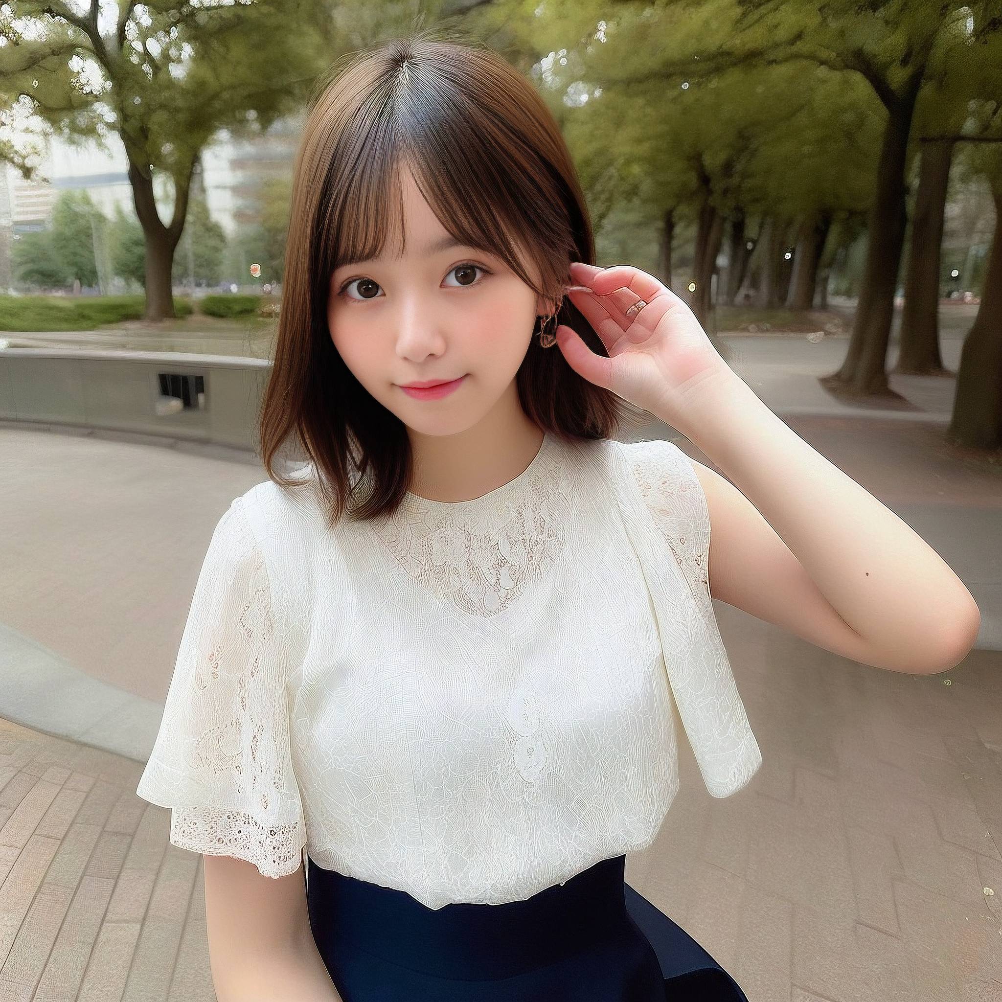 a young girl is posing for a picture on a park bench 