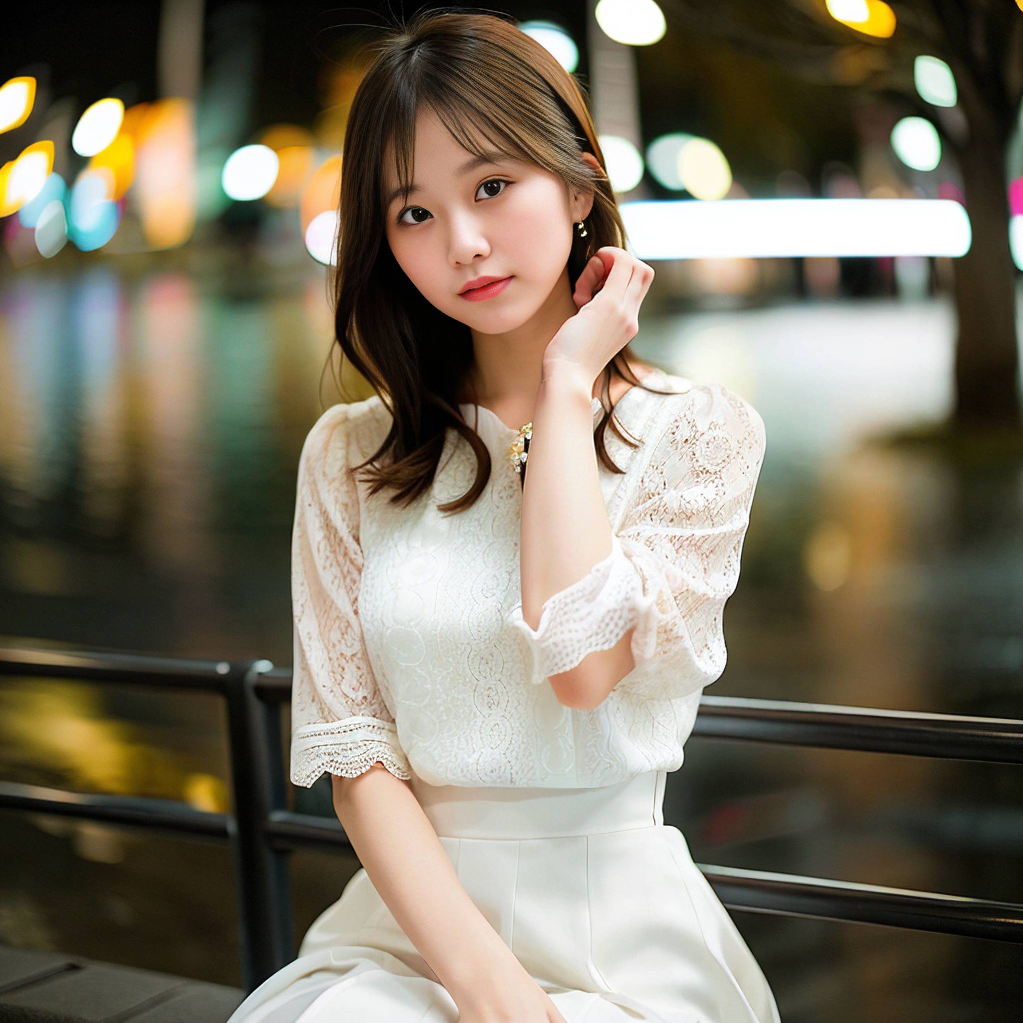 a woman in a white dress sitting on a bench 