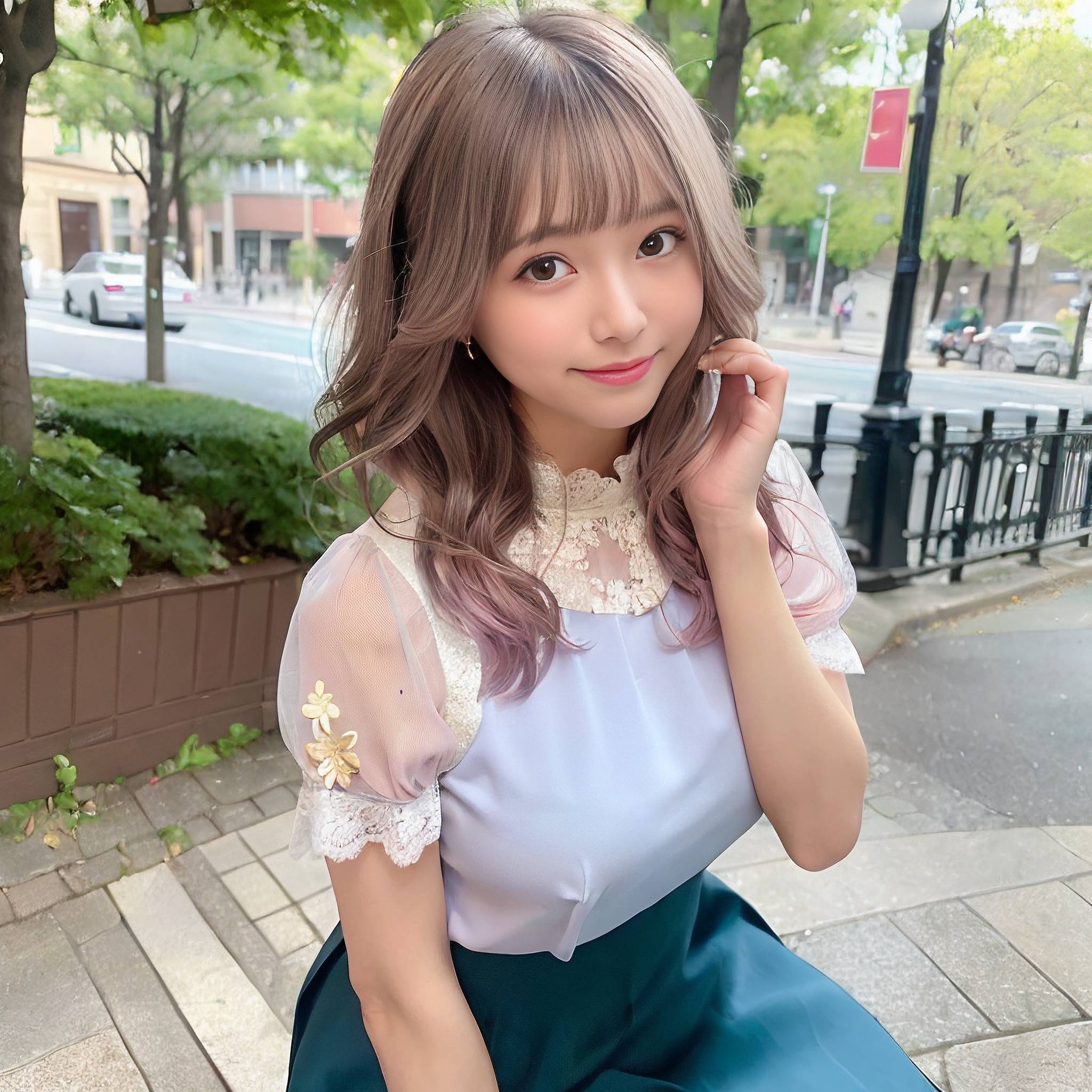 a young woman sitting on a sidewalk holding a cell phone 